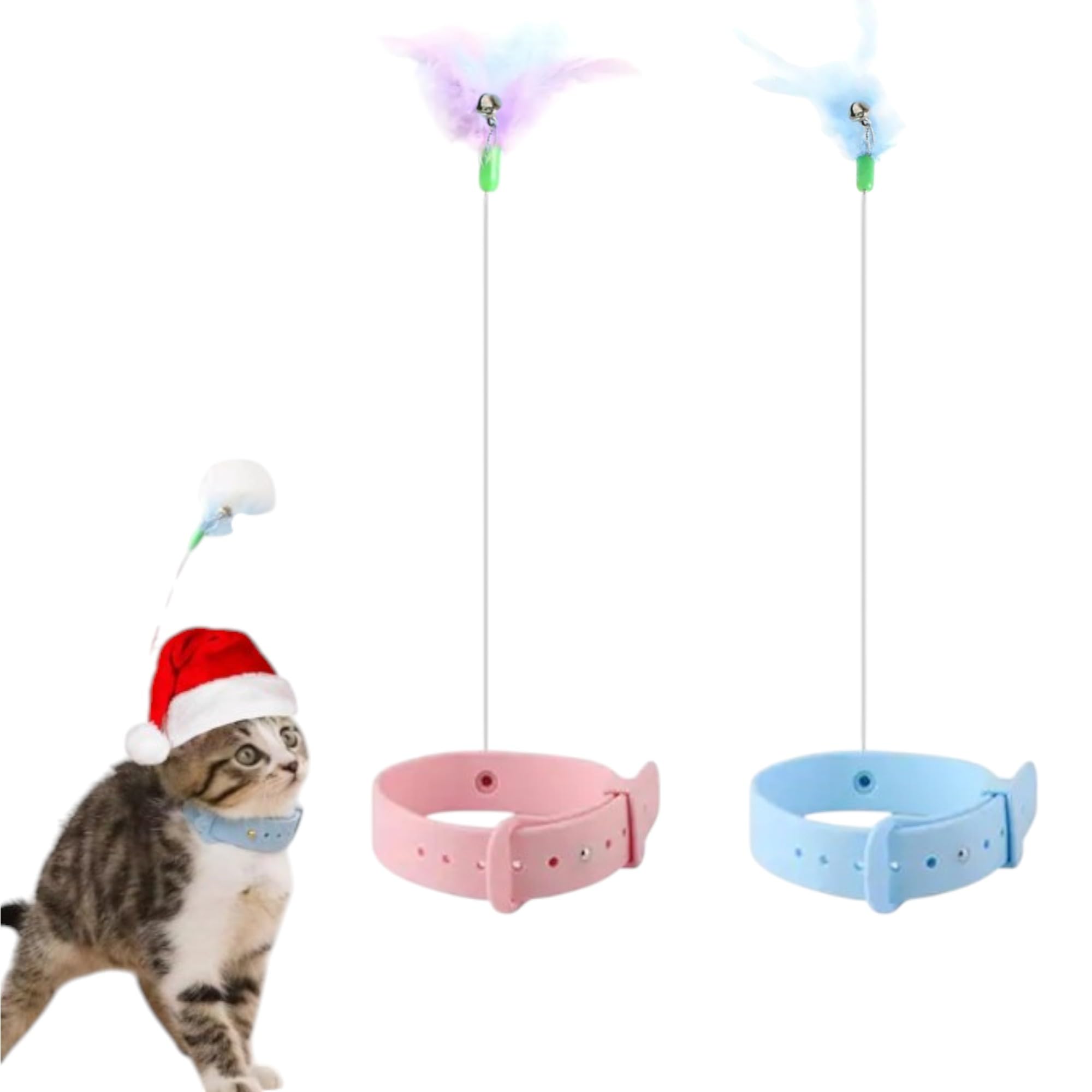 OZI DES?GN Interactive Cat Collar Feather Toy - 2 Pack, Adjustable Silicone with Bell, Feather Wand & Cat Toy Collar (Pink/Blue)