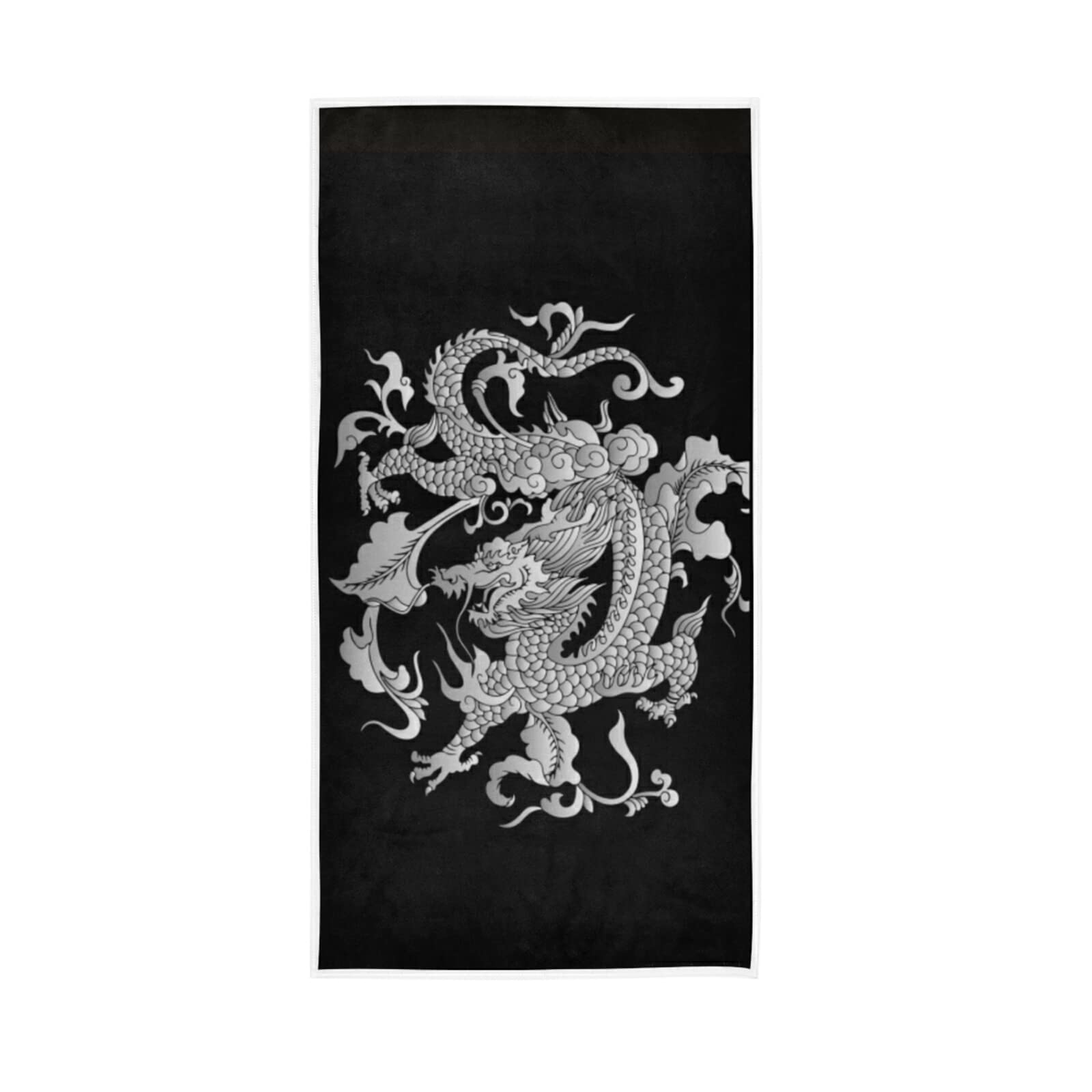LSRCPD Traditional Chinese Silver Grey Dragon on Black Dark Soft Hand Bath Towel 30" x 15" Thin Fast Drying Absorbent Soft Towels for Kitchen Gym Spa Hotel Beach