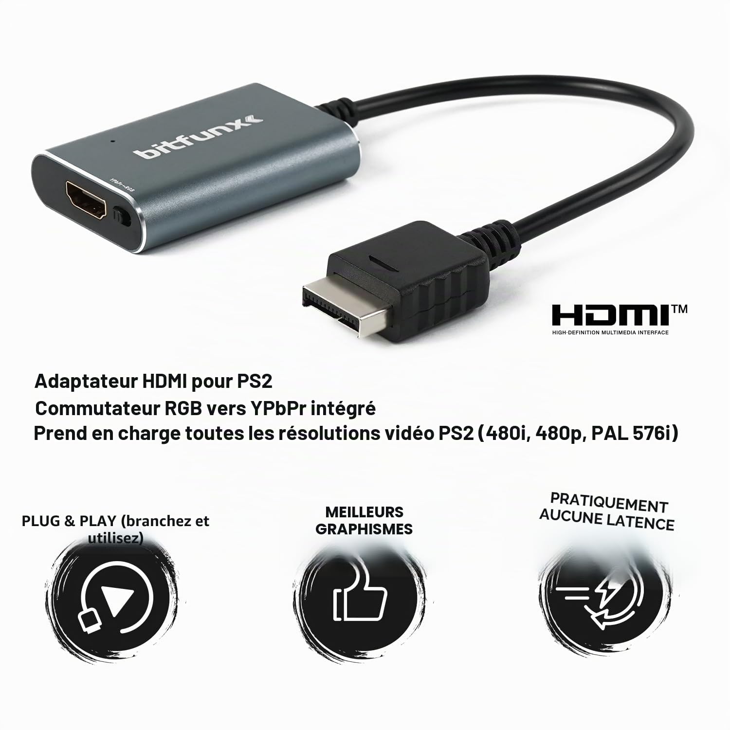 BITFUNX Adaptateur PS2 HDMI™ – Composant RVB intégré, adaptateur de jeu vidéo Plug & Play sans décalage, convertisseur HDMI pour console PS2 toutes versions