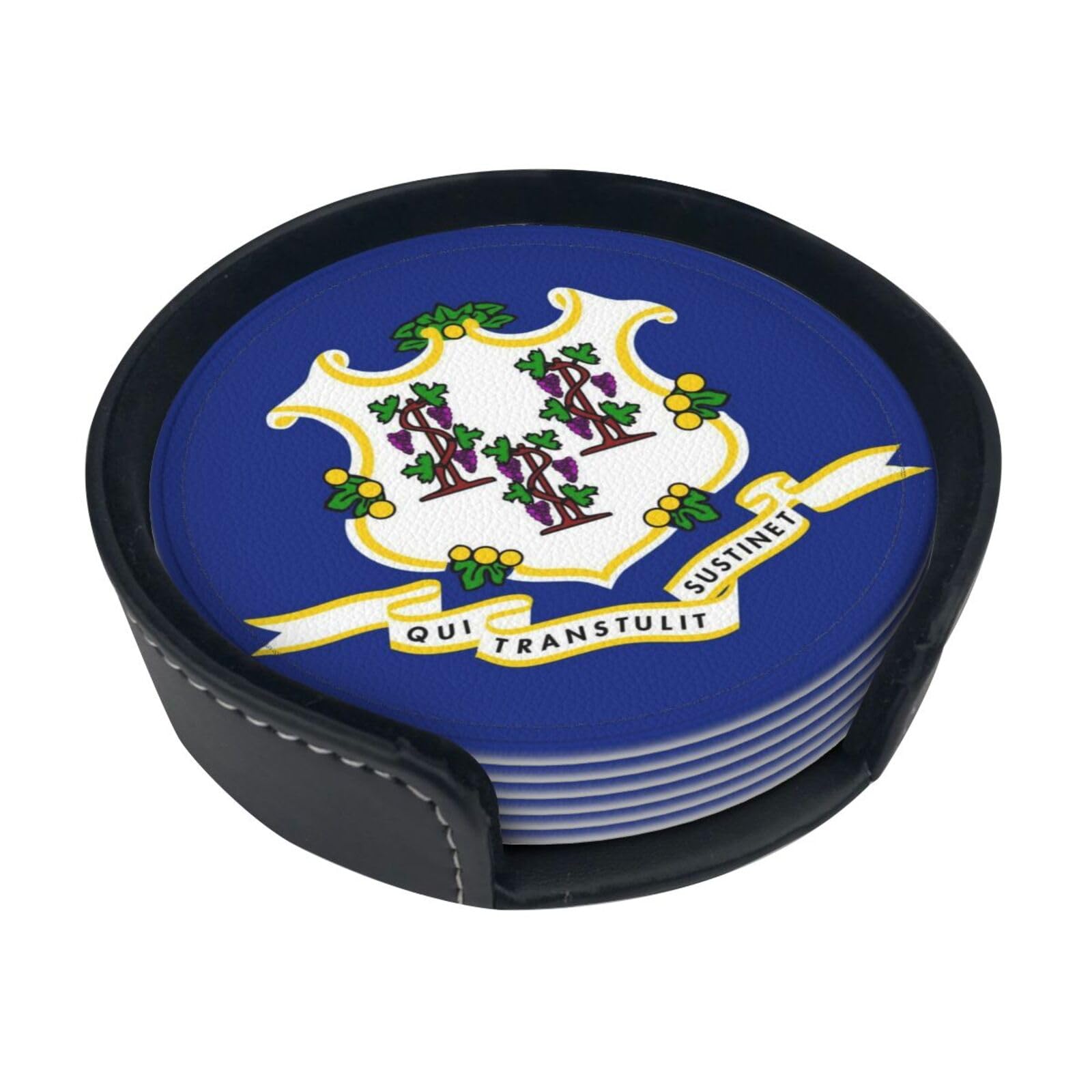 Connecticut State Flag Leather Coasters-Set of 6 with Storage Holder