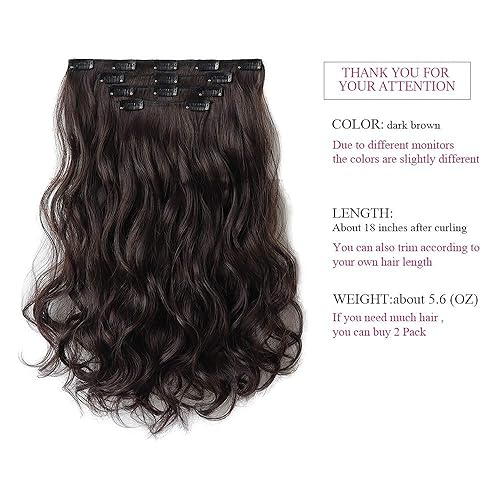 Miniatura 3 de Extensión de cabello castaño oscuro, extensiones de cabello con clip, de 18 pulgadas, ondulado, sintético, 5.5 onzas, 22 pulgadas, cabello lacio,