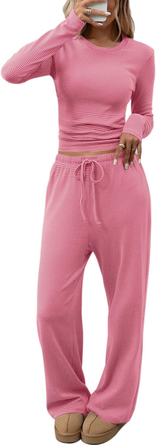 CHYRII Womens Two Piece Sets Fall Fashion Striped Long Sleeve Tops Wide Leg Palazzo Pants Outfits Loung Sets