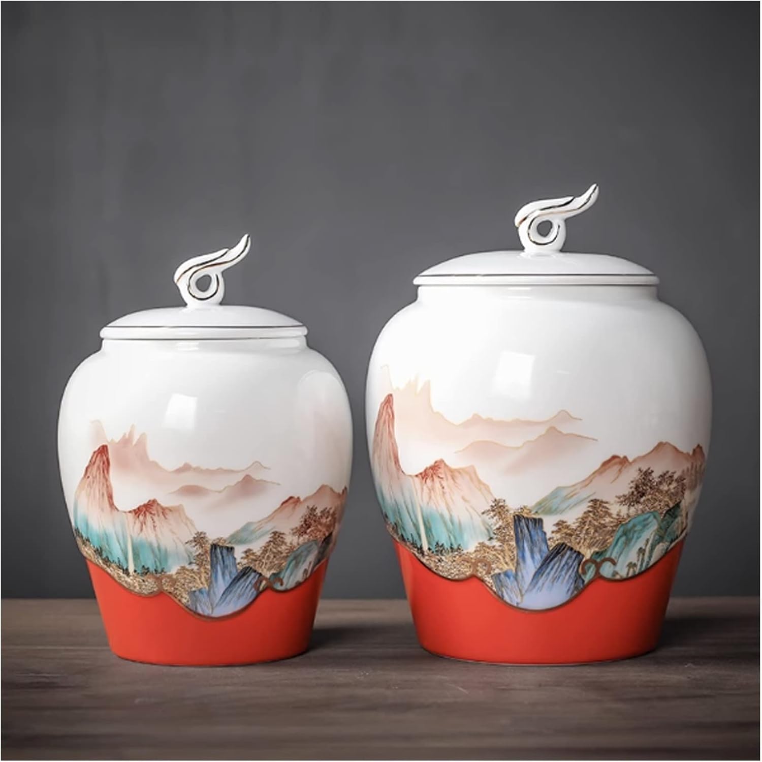Tea Tin Chinese Ceramic Ornaments Tea Canister Vintage Style Loose Container with Auspicious Clouds Lid and Hand Drawn Landscape Paintings Container(Red,Small)