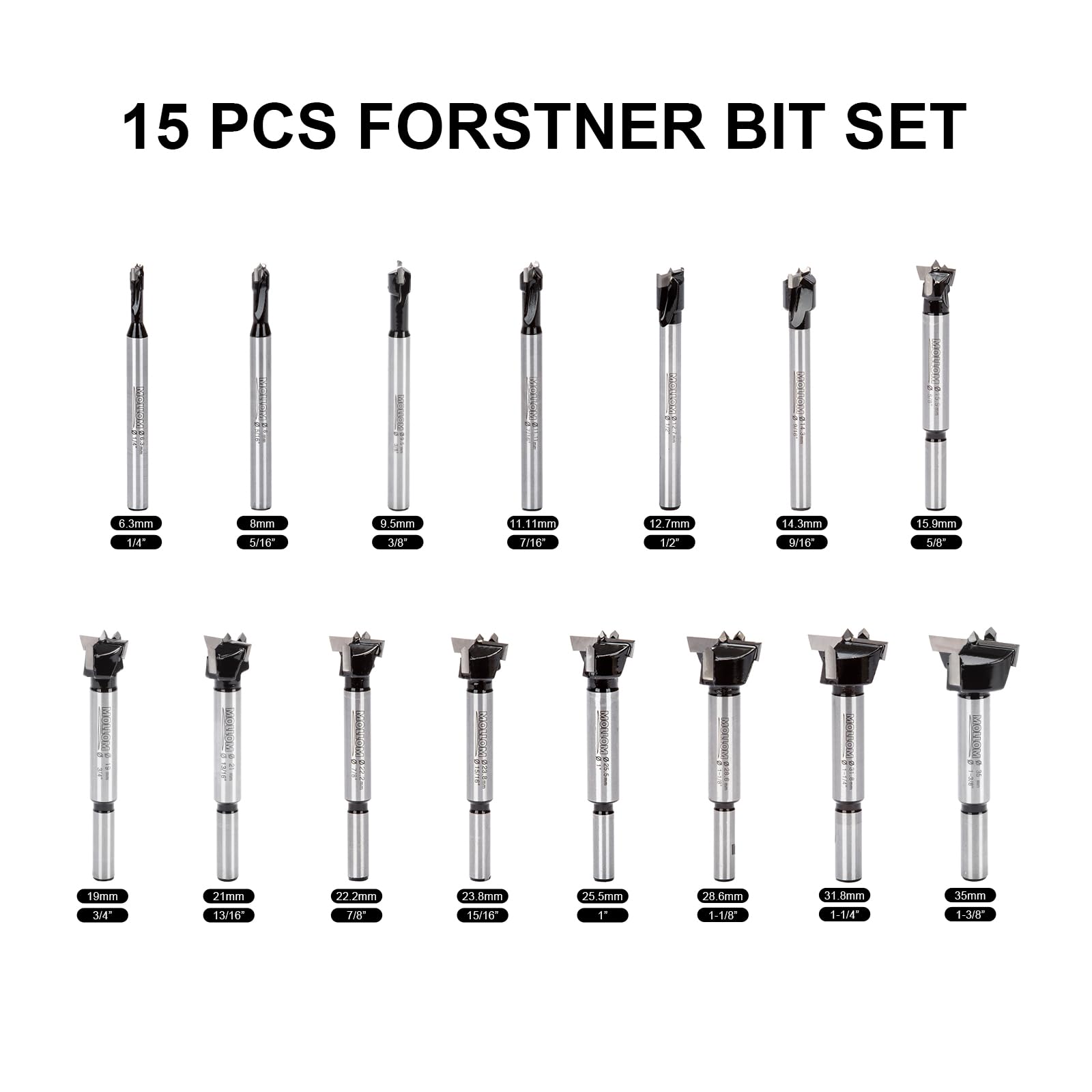Mollom Juego de brocas Forstner de carburo de 15 piezas (6,3-35 mm), carpintería con cuchillas gruesas de acero de carburo YG8, kits de herramientas de corte de bisagras, ideal para madera, plástico,