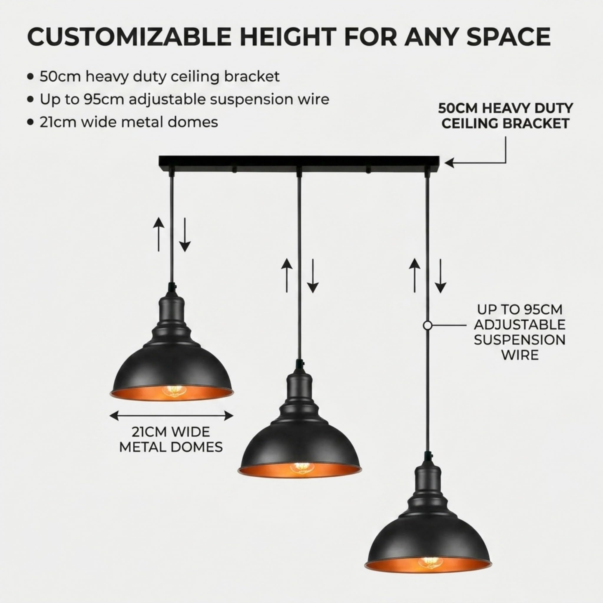 LEDSone Nowoczesna 3-światłowa lampa sufitowa wisząca o regulowanej wysokości z metalowymi kloszami 50 cm w stylu nordyckim, lampa wisząca do jadalni, wyspy kuchennej, salonu, sypialni
