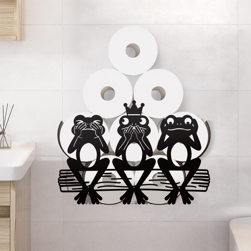 WADORN Funny Frogs Metal Toilet Paper Holder for Extra 8 Rolls, Black Toilet Tissue Storage Decorative Toilets Paper Rolls Organizer Wall Mounted for Bathrooms Home Housewarming Gifts
