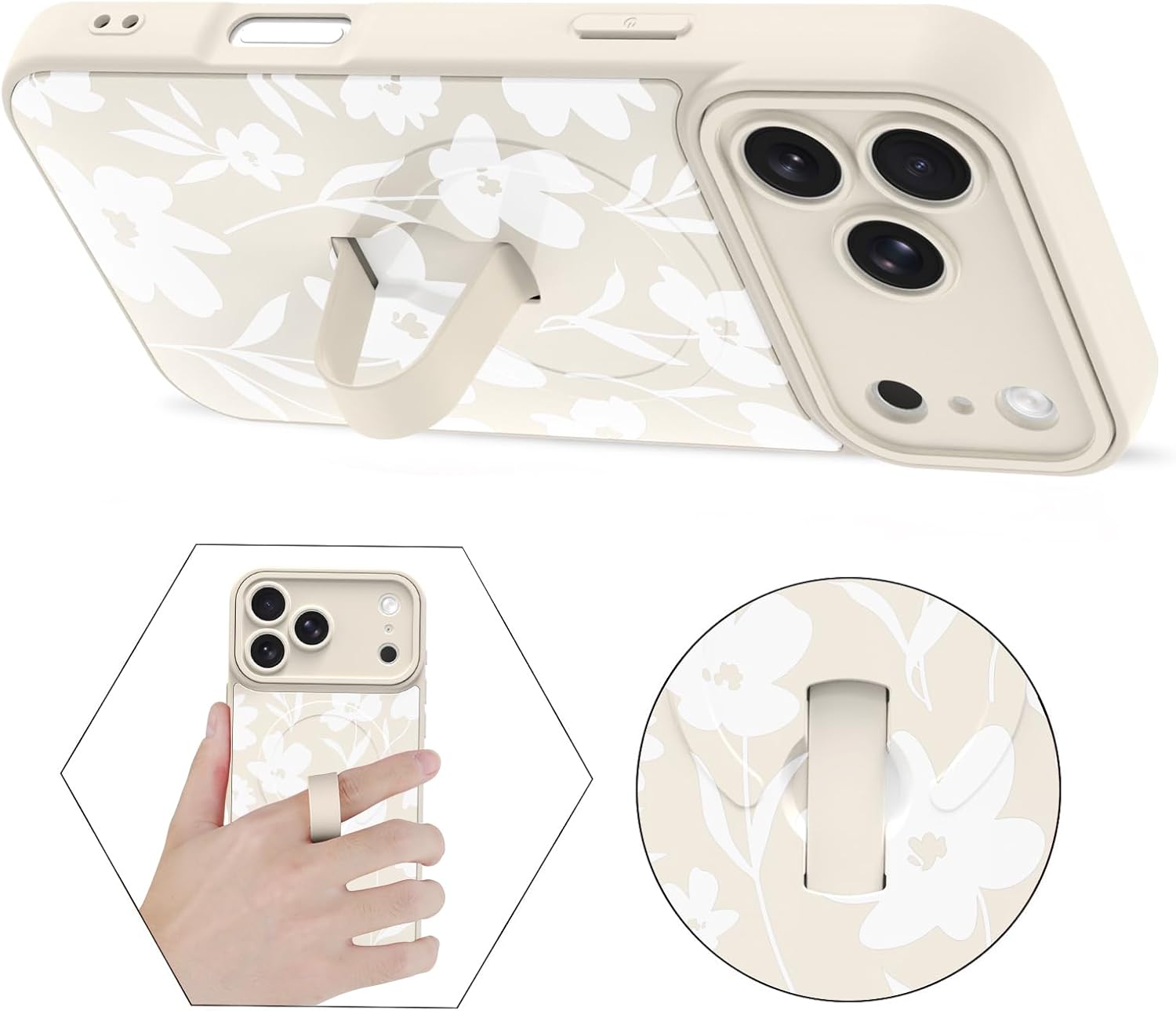 Magnetic Case for iPhone 17 Pro with Finger Hand Strap Kickstand [Compatible with Magsafe] Cute Aesthetic Floral Flower for Women Men, Full Camera Protection Shockproof Cover, White - Image 2