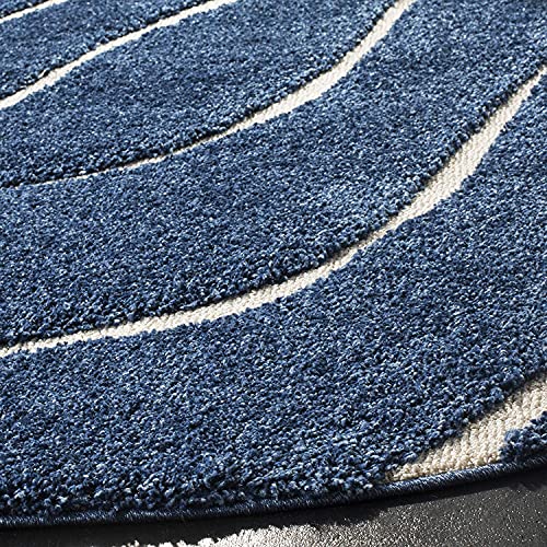 Image of Abstract Wavy Design Round Shaggy Carpet for Living Room, Bedroom, High Low Design Finish Microfiber 1.8 Inch Pile High, 5x5 Feet Dark Blue|Cream Color