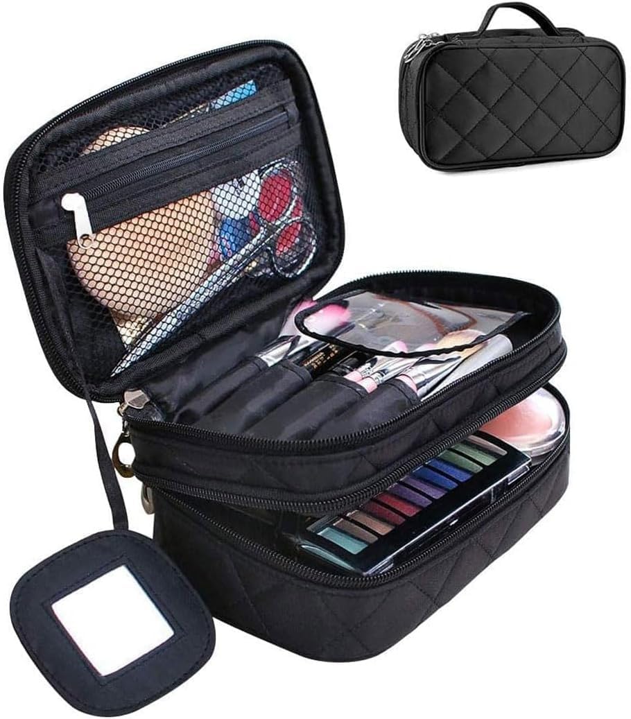 Portable Makeup Bag, Double Layer Leather Cosmetic/Toiletry Brush Bag for Women with Mirror Travel Kit Organizer, Professional Makeup Pouch Purse Travel Home-image-0