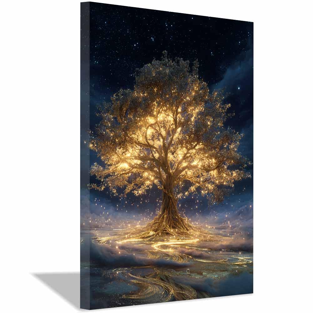 DMZPKZB Tree Of Life Large Wall Art Swirl gold leaf tree Colorful Canvas Art Prints,Abstract Painting,Scenery Wall Decor,For Gallery,Bedroom,Living Room And Hotel(Multicolor)-70x100cm Framed