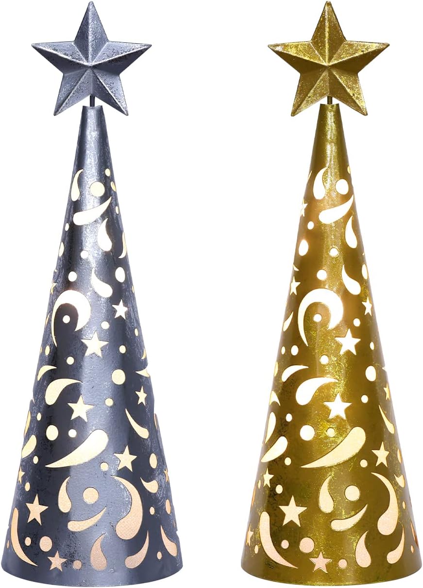 YEAHOME Christmas Decorations Indoor, 2 Pack Lighted Christmas Table Decor with Star and 10 LED Lights Battery Operated, Xmas Holiday Wedding Party Tabletop Desk Ornament (Gold, Silver)