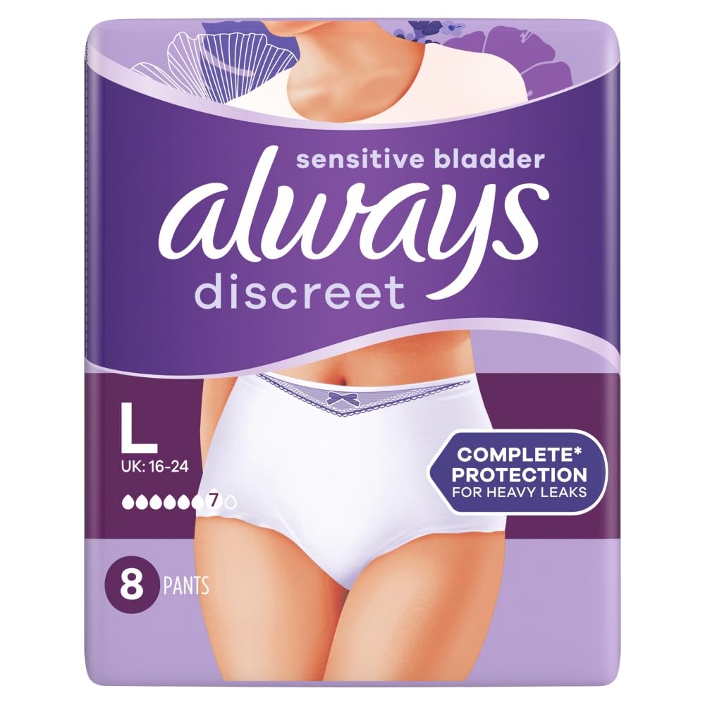 Always Discreet Boutique Incontinence Pants Women, Large, Plus, 8 High Absorbency Pants, Odour Neutraliser, Dress Size 16-22, For Sensitive Bladder