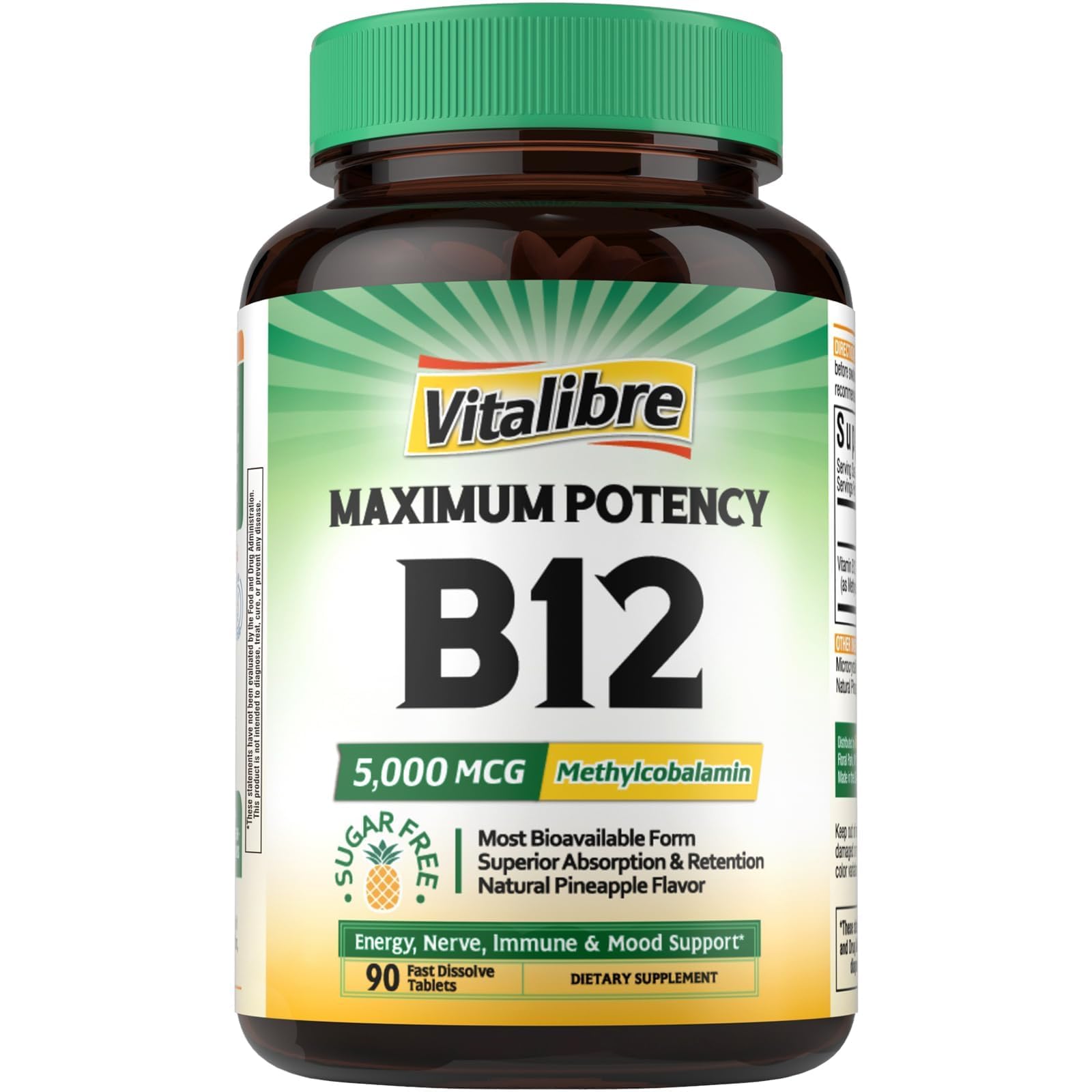Vitalibre Vitamin B12 5000 mcg, Sublingual Methylcobalamin, Energy Support Pineapple 90 Count (Pack of 1)