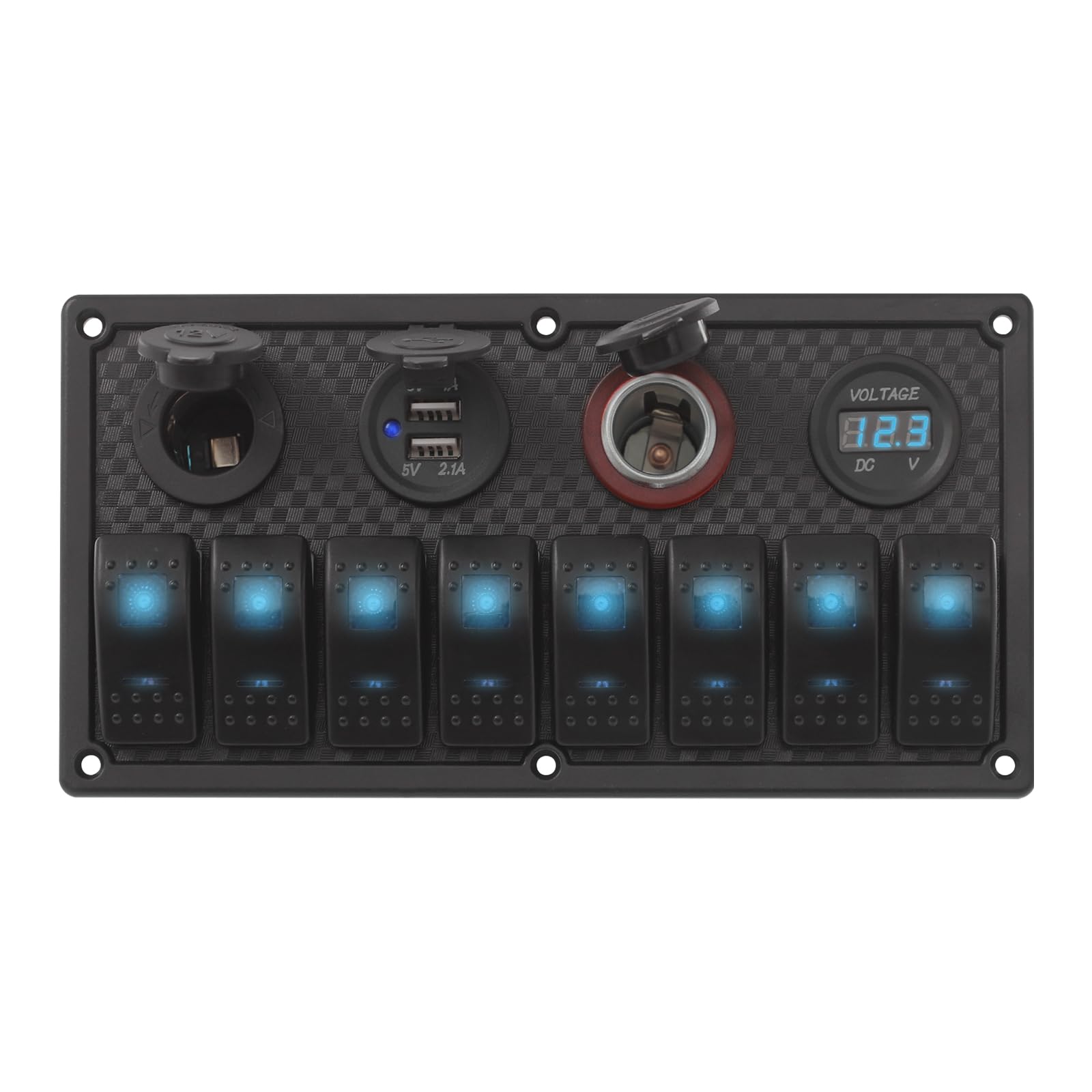 8-biegowy panel przełączników morskich, wodoszczelny, 12 V, z 8 przełącznikami LED, woltomierzem, 2 portami USB, gniazdem zapalniczki samochodowej i gniazdem DC 12 V do samochodu, kampera, łodzi