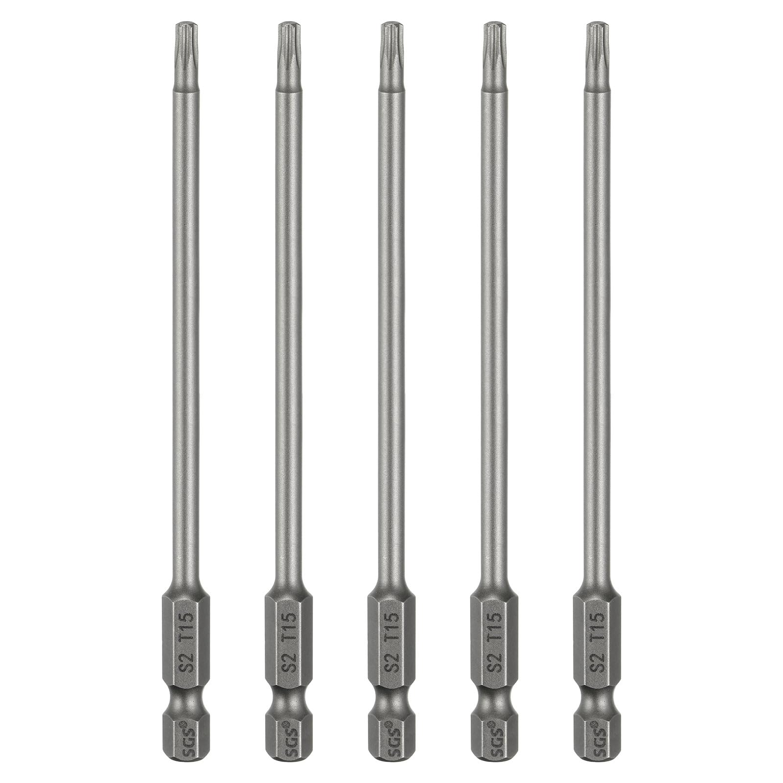 sourcing map 5pcs T15 Torx Head Screwdriver Bit 1/4" Hex Shank 4.3" (110mm) Long Magnetic No Hole Tip Tamper Proof 6 Point Star Screw Driver Drill Bits S2 Steel Industrial Power Screwdrivers