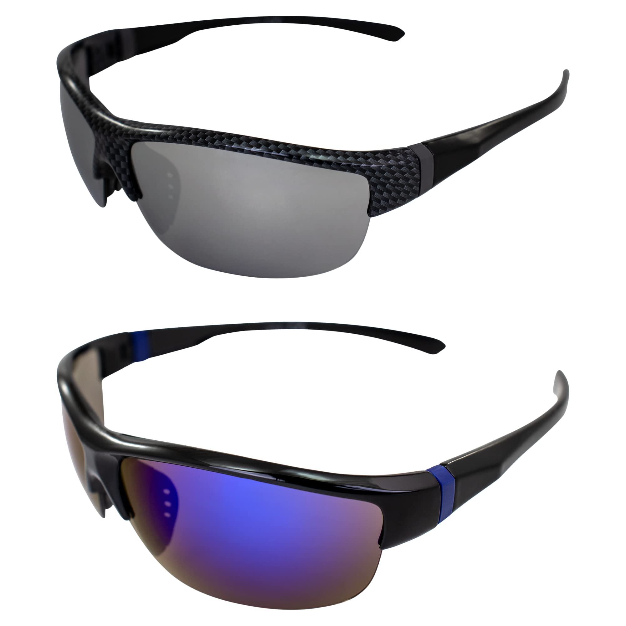 AlterImage Guardian Wraparound Sports & Motorcycle Retro Sunglasses for Men or Women 2 Pair Semi-Rimless Gray & Black Frames w/Flash Mirror & G-Tech Blue Lenses