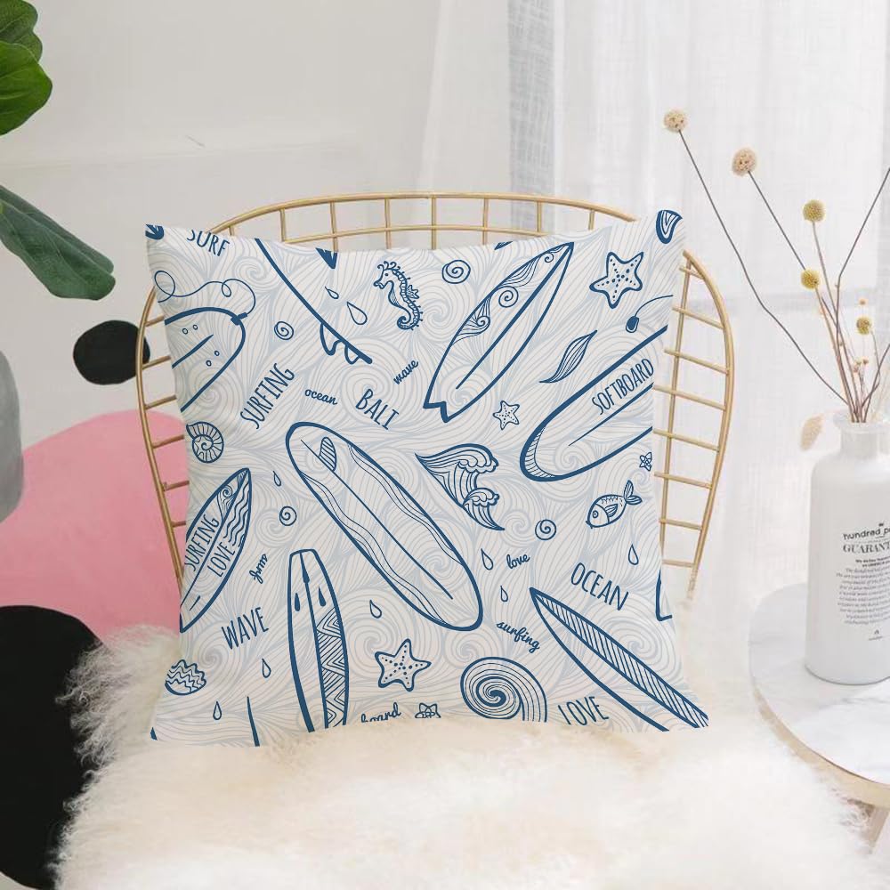 HYOSXW Cushion Cover,Throw Pillow Case Home Decorative for Living Room Bedroom Sofa Chair 16X16 Inch,Hand-painted surfboard with marine elements, blue background,Pillowcase 40X40cm