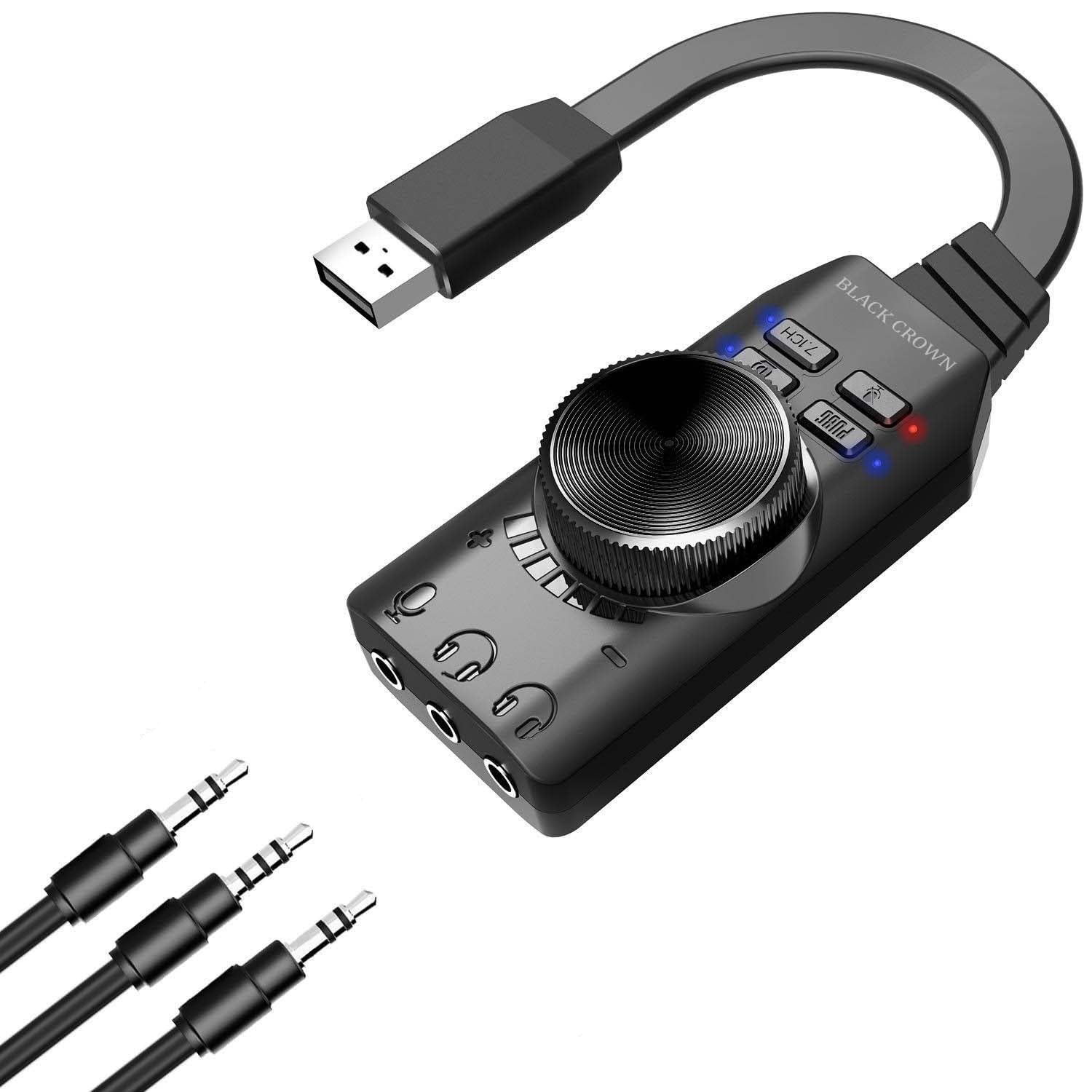 BLACK CROWN USB External Sound Card, Virtual 7.1 Surround Sound Adapter with DSP, Volume Control & Mic Mute, 3.5mm Aux Jack for Gaming Headset, Plug & Play for PC, Laptop, Windows, MaK - Black-image-45