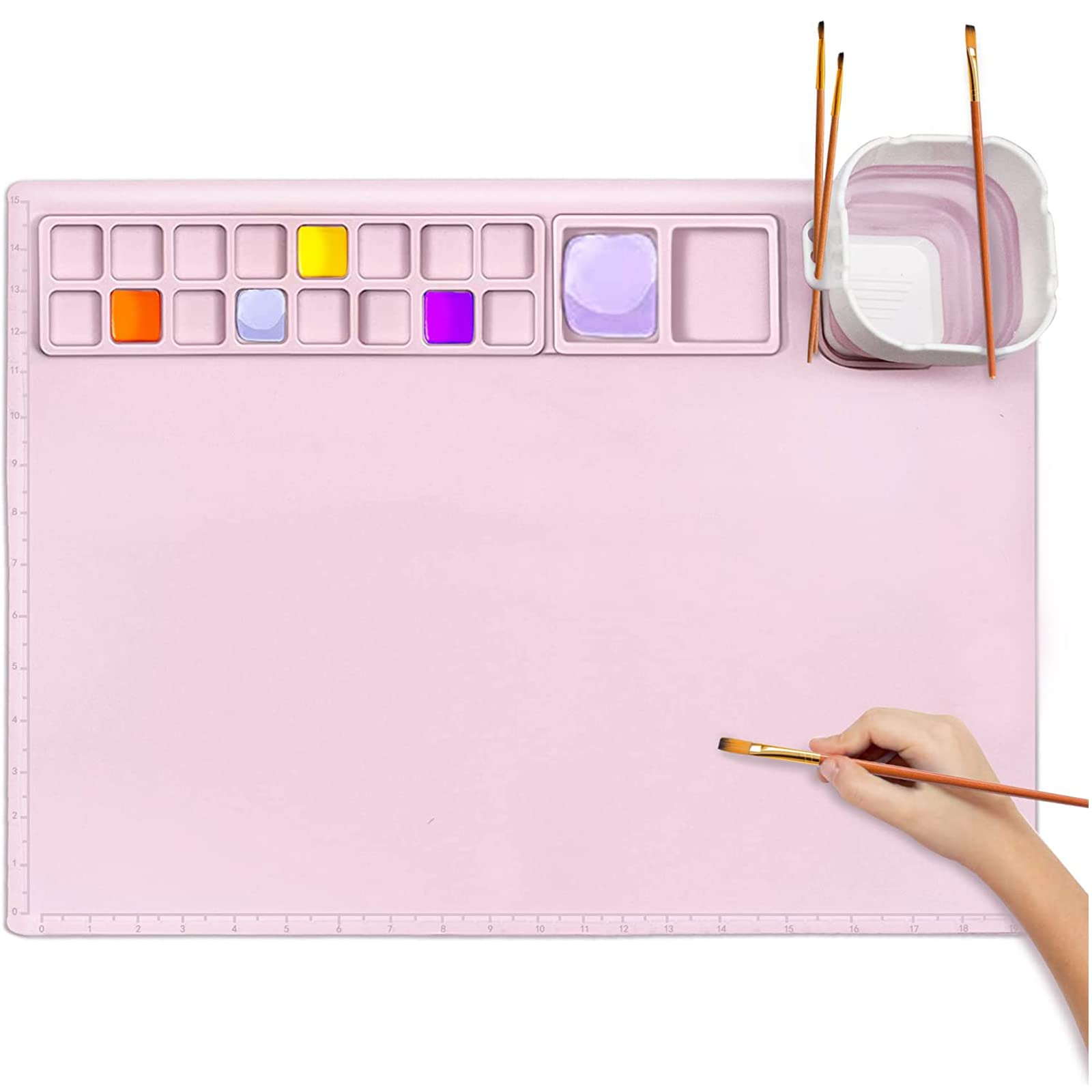 Silicone Painting Mat, Silicone Craft Mat with Cup 20"X16" Silicone Art Mat with 16 Color Dividers, Beautiful Gift Box, Artist for Kids Painting DIY Creations (Pink)