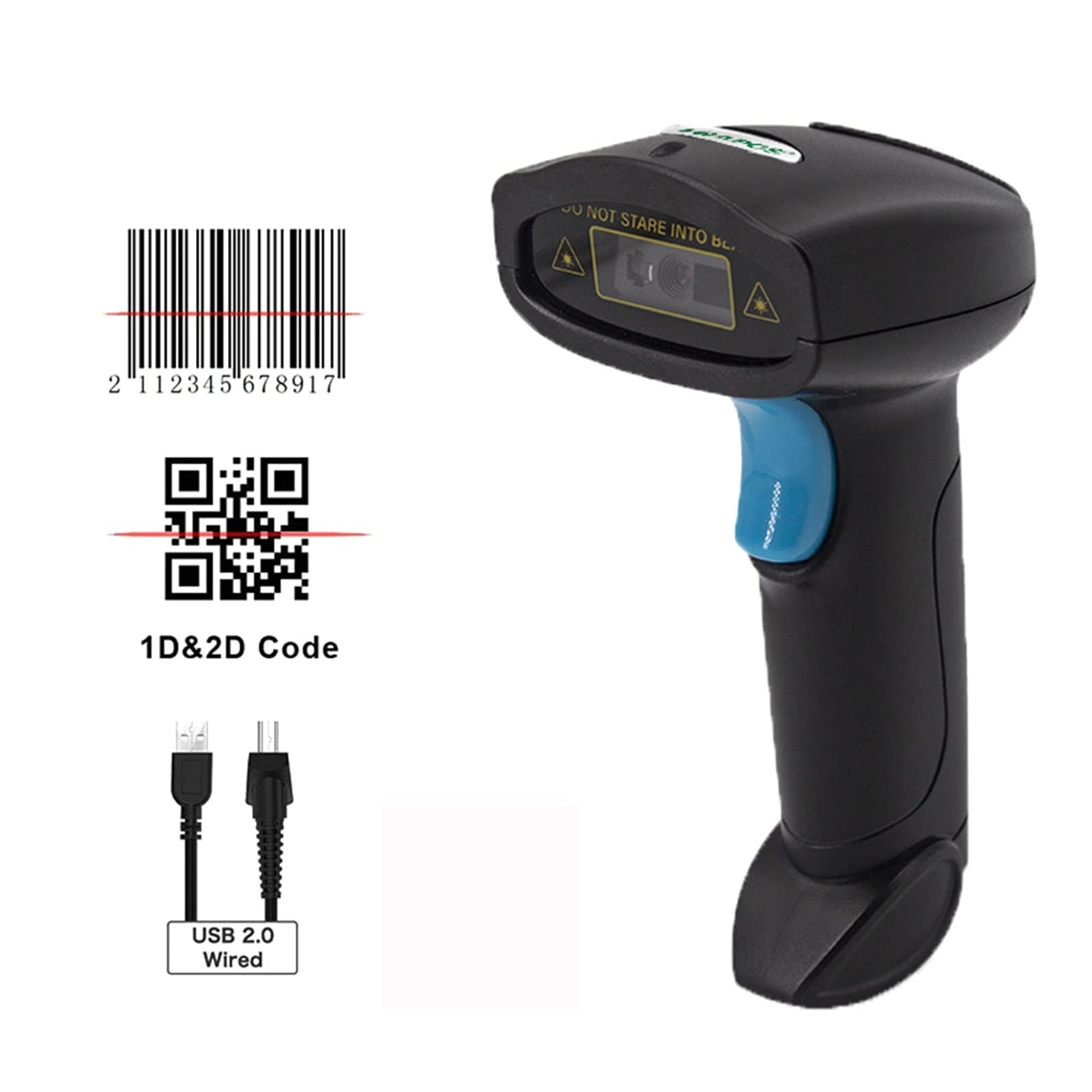 Escáneres de código de barras, Escáner de código de barras 2D Escáner de código de barras de mano con cable Lector de código QR 1D/2D USB portátil con cable para terminal POS de inventario, escaneo