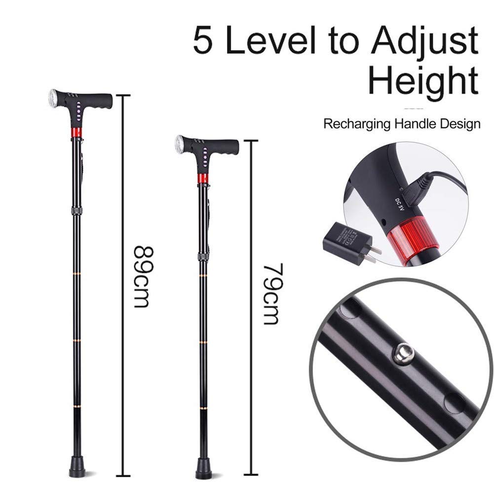 SGSG Bastón Inteligente con luz LED, Alarma de Seguridad, Dos Asas: Plegable, Ajustable de 79-89 cm, bastón Ligero para Hombres o Mujeres Bastón Inteligente, para discapacitados y ancia