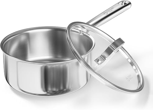 Cooker King 3QT Stainless Steel Saucepan with Tempered Glass Lid, Metal Utensils Safe, No Coating PFAS/PFOA/PTFE Free, Dishwasher-Friendly, Oven-Safe Up to 900F, Induction Ready