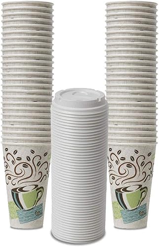 Dixie PerfecTouch WiseSize Coffee Design - Taza de papel aislada, paquete de tazas y tapas de 16 onzas (16 onzas, 50 tazas, 50 tapas)