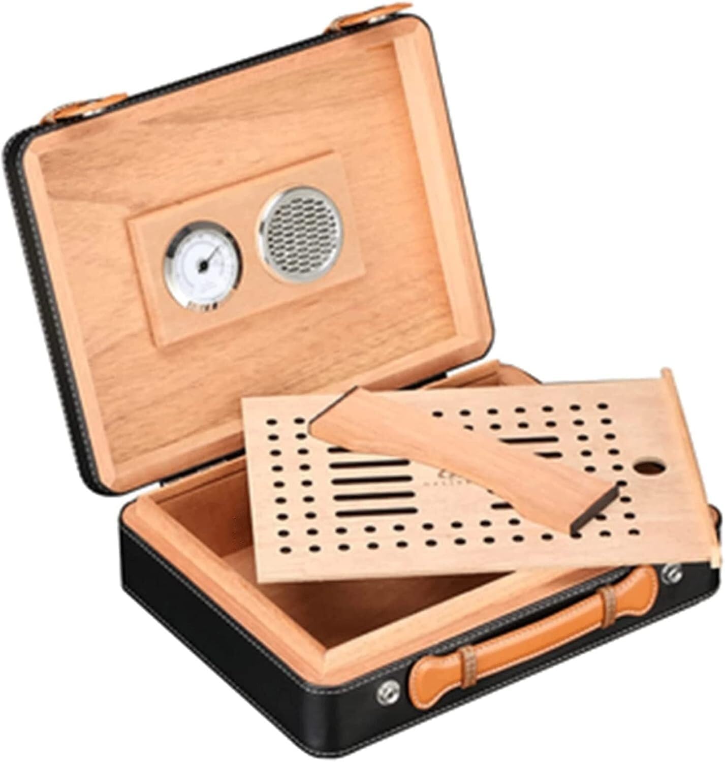 PGPAYH Cigar Case,Cigar Box,Cigar Holder,Cigar Humidor,Cedar Wood Cigar Box, Large Capacity Humidor Holds 30 Cigars, Cigar Humidor with Hygrometer and Humidifier(Black)