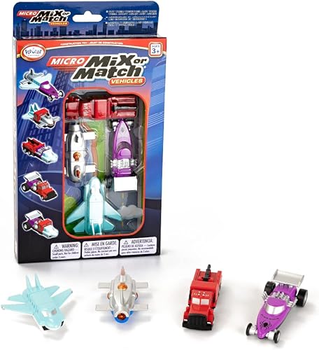 POPULAR PLAYTHINGS Micro Mix or Match Vehículos Deluxe Juego de 4 autos de juguete, camión de bomberos de juguete, avión de juguete