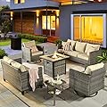 ovios 6 Pieces Patio Furniture Set with Square Fire Pit Table, Swivel Rocking Chairs, Loveseat, Outdoor High Back Wicker Rattan Conversation Set for Backyard Deck, Beige