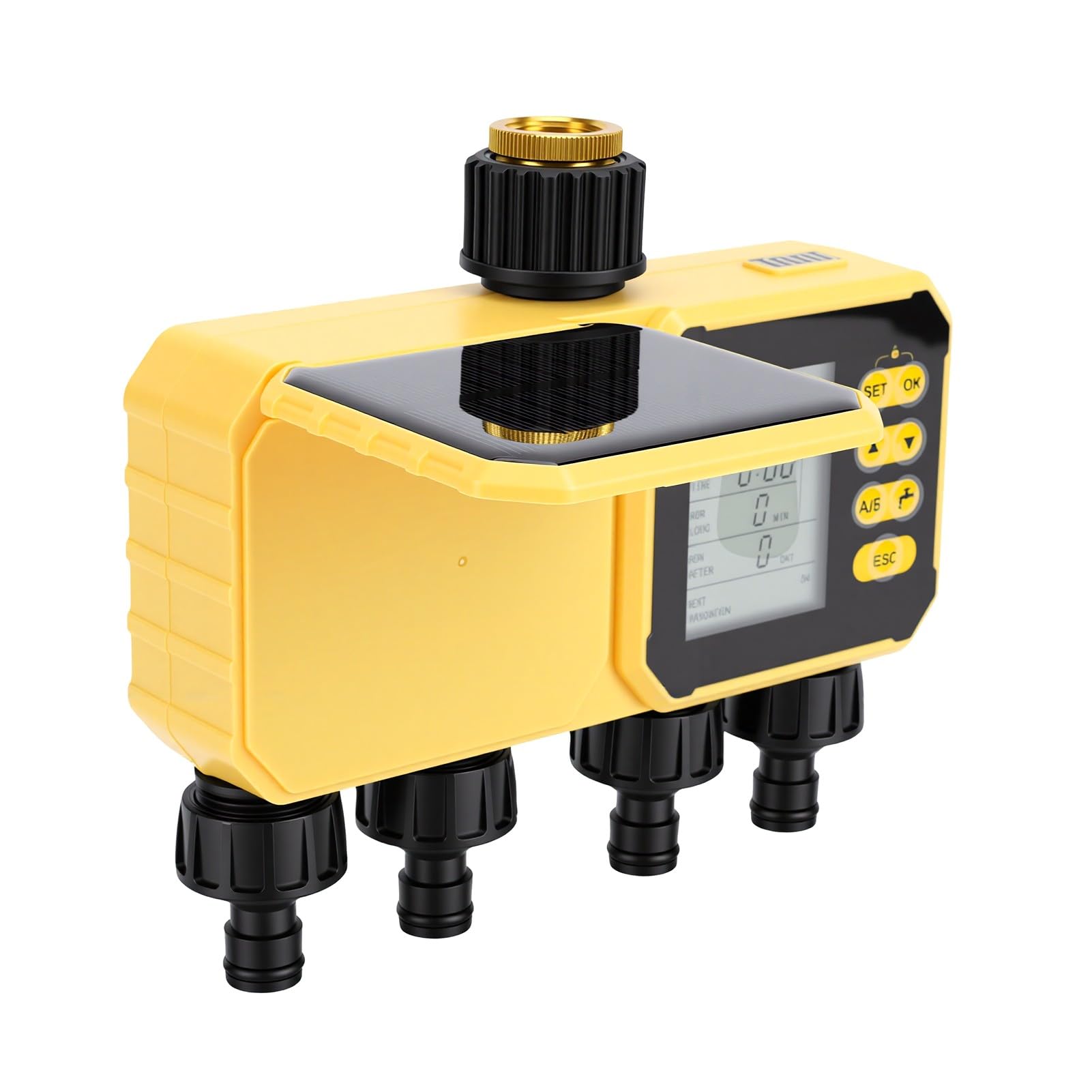 Fafeicy WiFi Solare Timer Irrigazione Intelligente Timer Irrigatore da Giardino in Ottone a 4 Zone App da 2,4 GHz e Controllo Vocale Salta Pioggia Modalità Automatica Manuale per Prato,