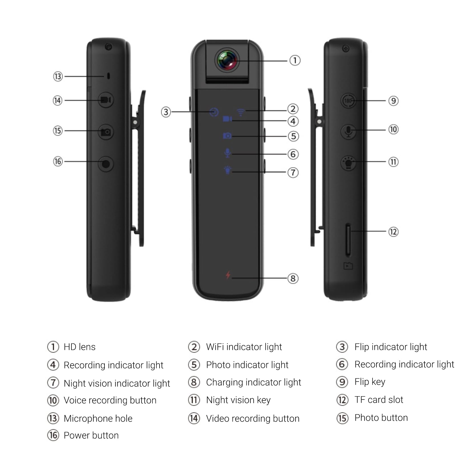 Caméra Corps HD, 1080P Infrarouge Vision Nocturne WiFi Enregistreur Vidéo Portable avec Clip Arrière, Détection de Mouvement Auto Save Action Camera avec Objectif Rotatif à 180°,