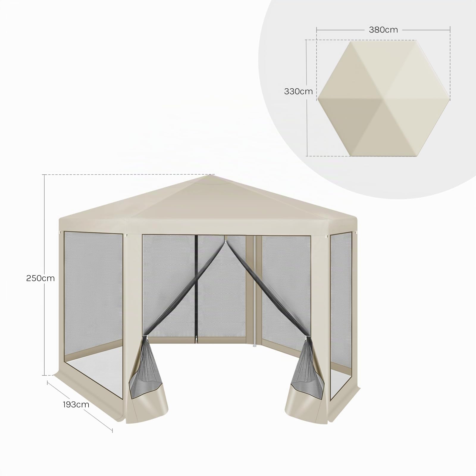 WOLTU Tonnelle de Jardin Extérieur, avec Moustiquaire, Pergola Jardin Extérieur, Tente de Réception, avec Parois Latérales en Maille, Barnum 3,8 x 3,3 m, Hexagone (Beige)