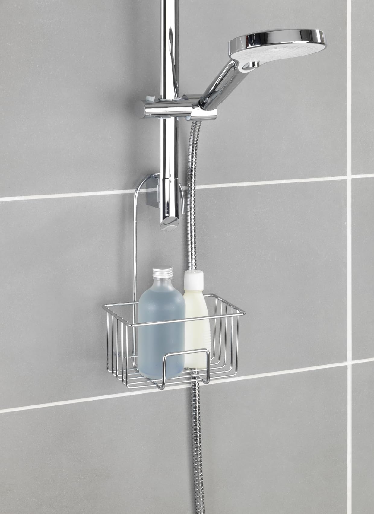 Wenko Portaoggetti per Doccia MOD. Milito in Acciaio Inox mensola sospesa Accessori Bagno Cromo Lucido Piatto Doccia 18x28,5x13 cm Argento Lucido