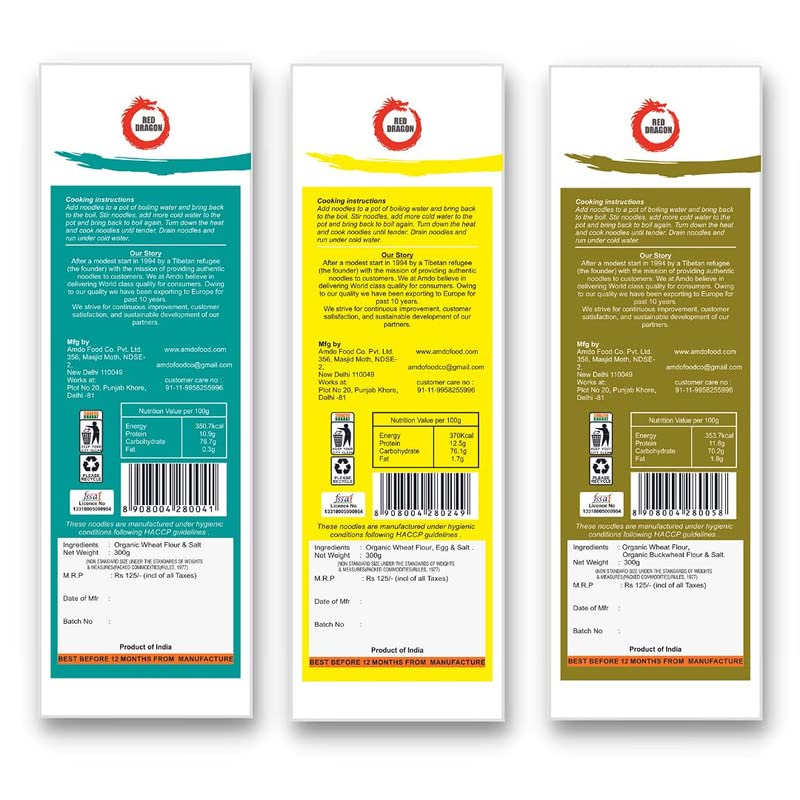 Red Dragon Chinese And Japanese Noodles, Tasty Cuisine Certified Organic Mix Combo Of 3 Packets (Udon + Ramen + Soba Fresh), Ready To Cook Noodles,900 Grams