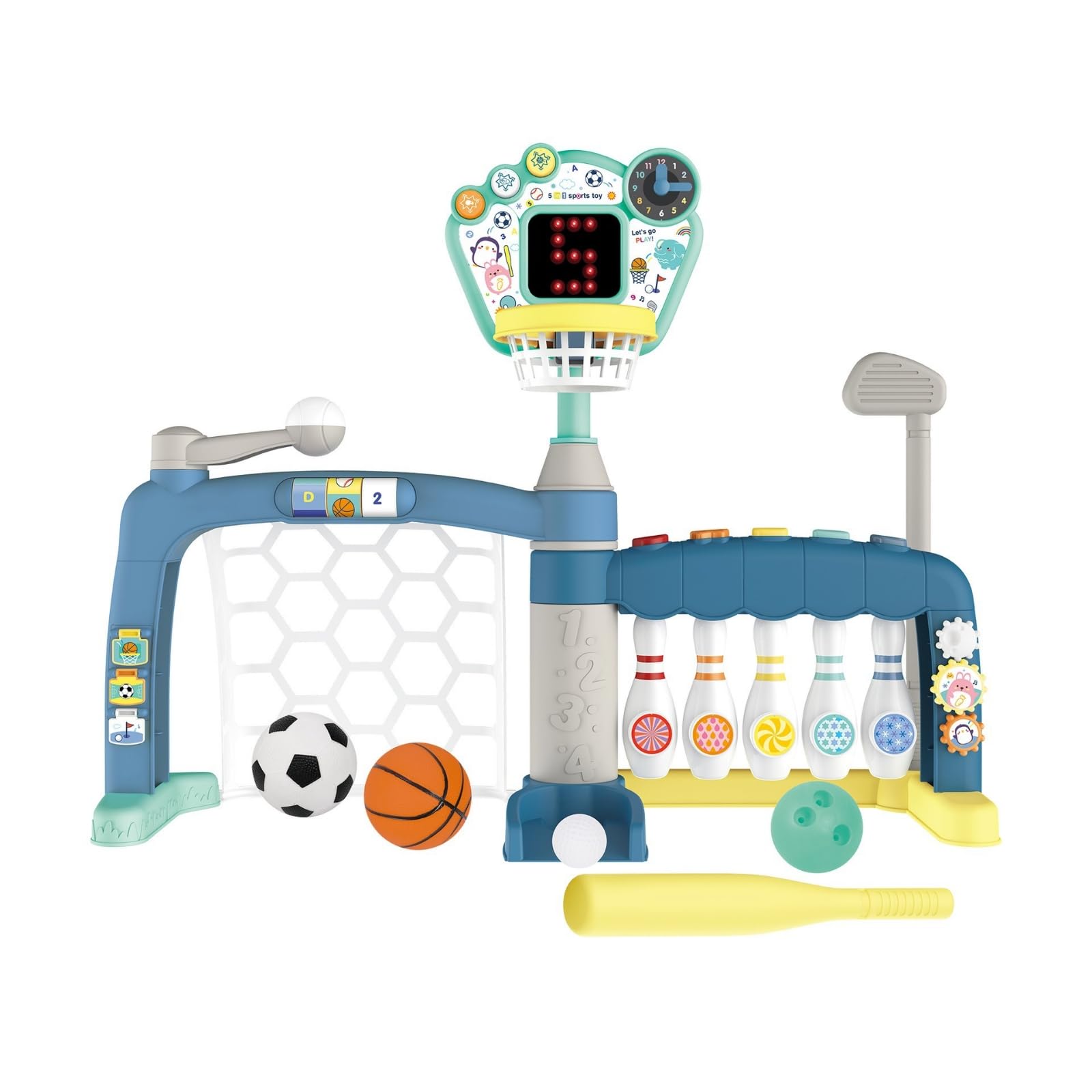 Gioco Sportivo 5 in 1 Multiattività Stazione da Basket e Base di Gioco Stabile Set Bowling Calcio per Bambini
