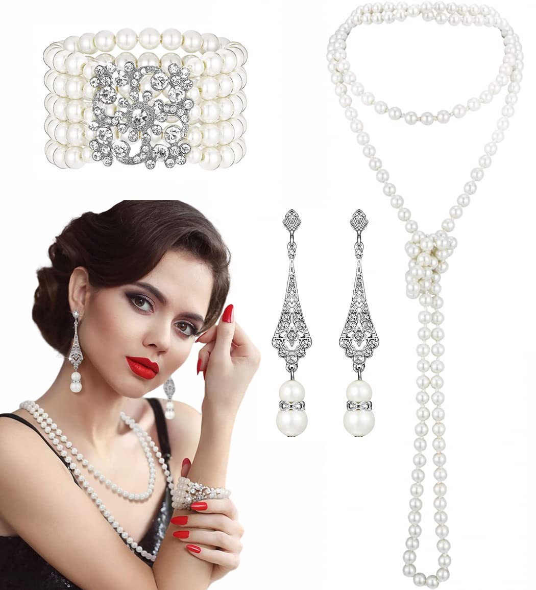 Goodern3 Pcs 1920s Pearl Jewelry Set,Including Flapper Earrings Multilayer Pearl Necklace Bracelet for Women Girls 1920s Gatsby Pearl Necklace 1920s Flapper Accessories 1920s Pearls Jewelry Set-A