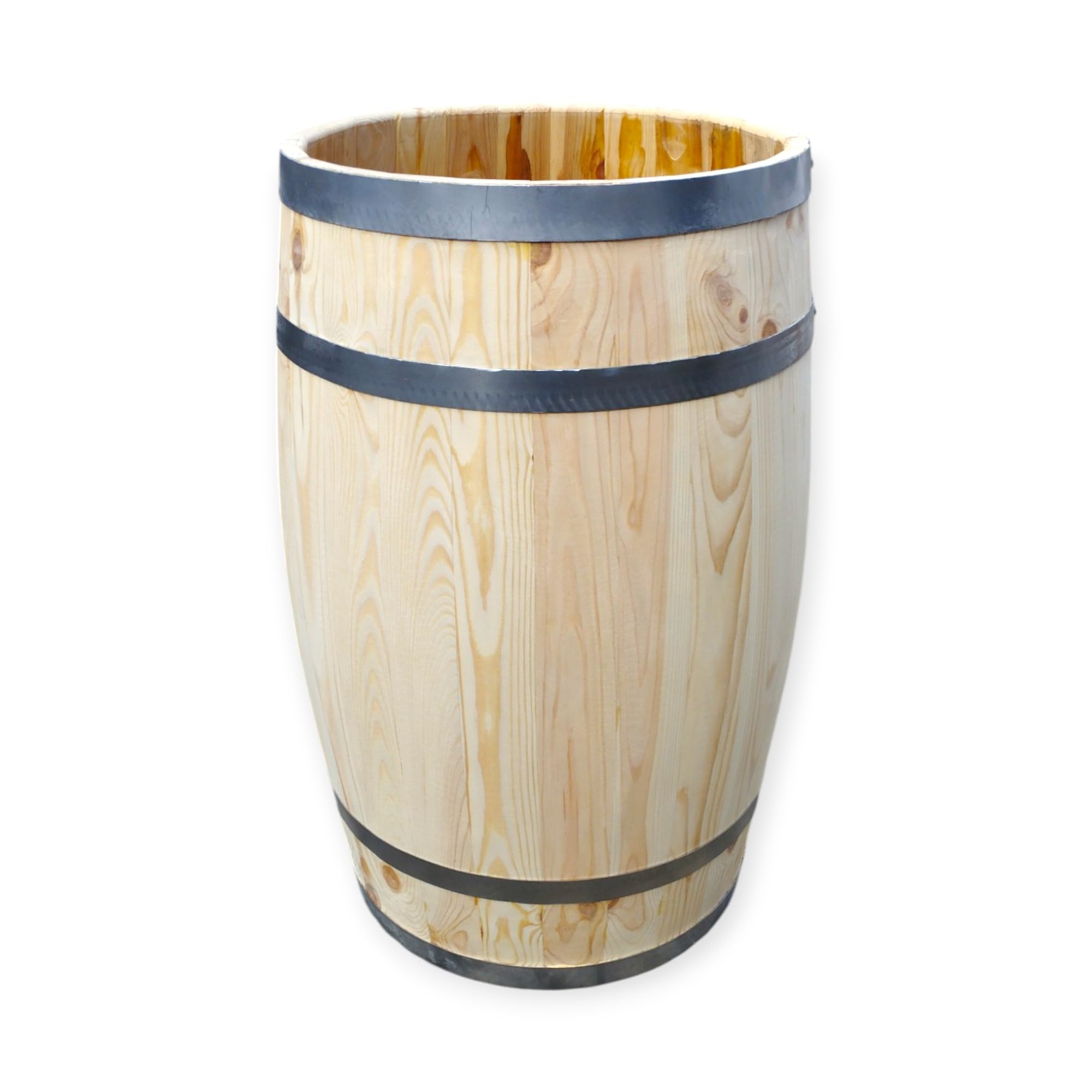 Decorative Wooden Barrel without Lid - Rustic Rain Barrel or Planter Made of Natural Wood with Metal Hoops - Handmade, Weatherproof 160 Litres