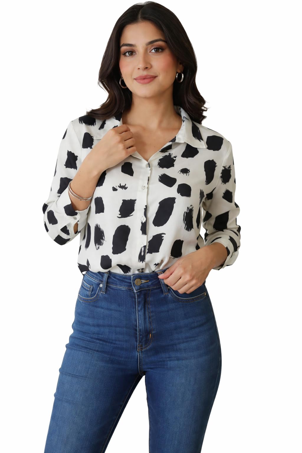 Women White & Black Abstract Print Shirt | Regular Fit Button-Down Casual & Office Wear Top-image-1