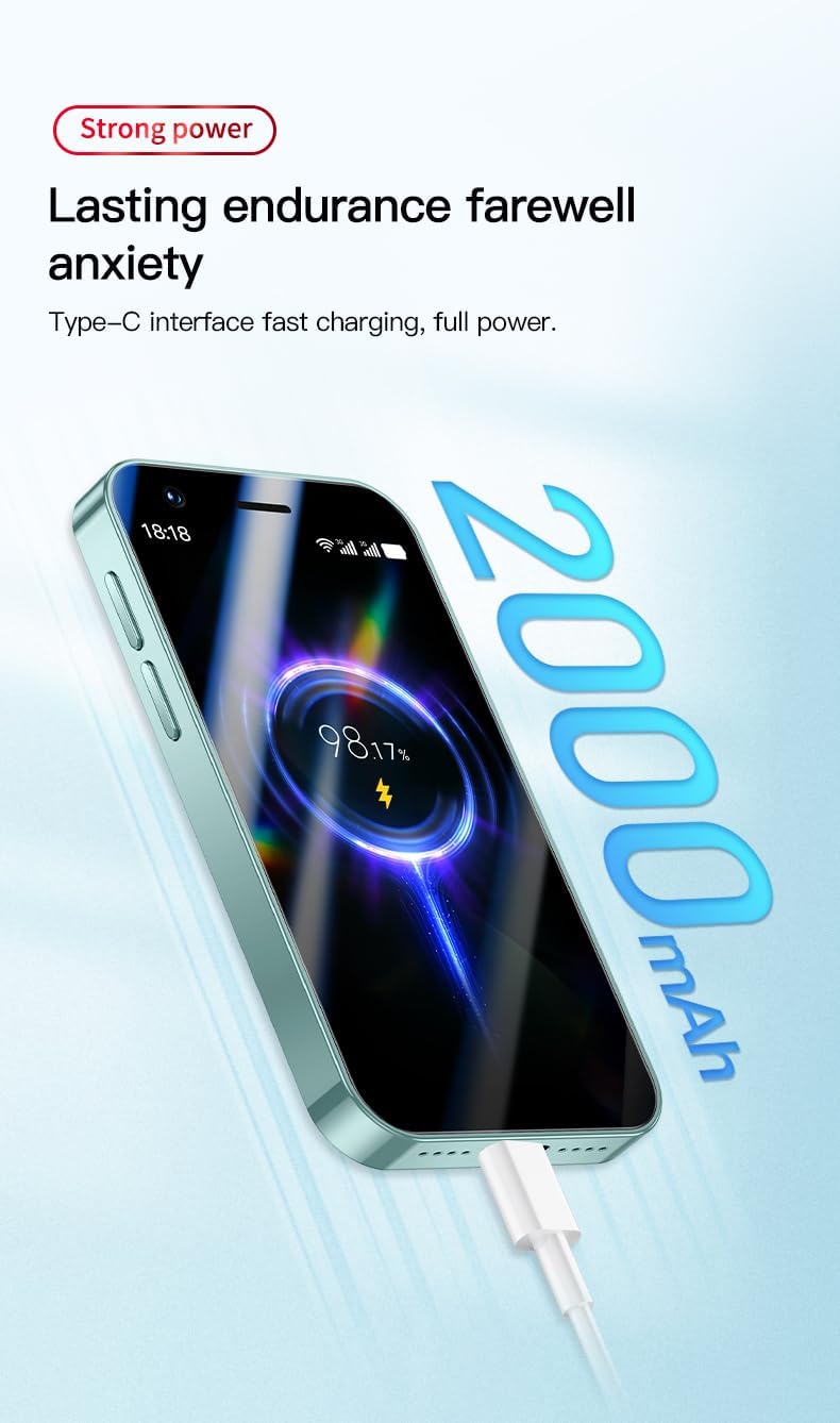 Truely F8 Pro Max mini smartphone connected to a Type-C charger, displaying a battery charging indicator at 98%.