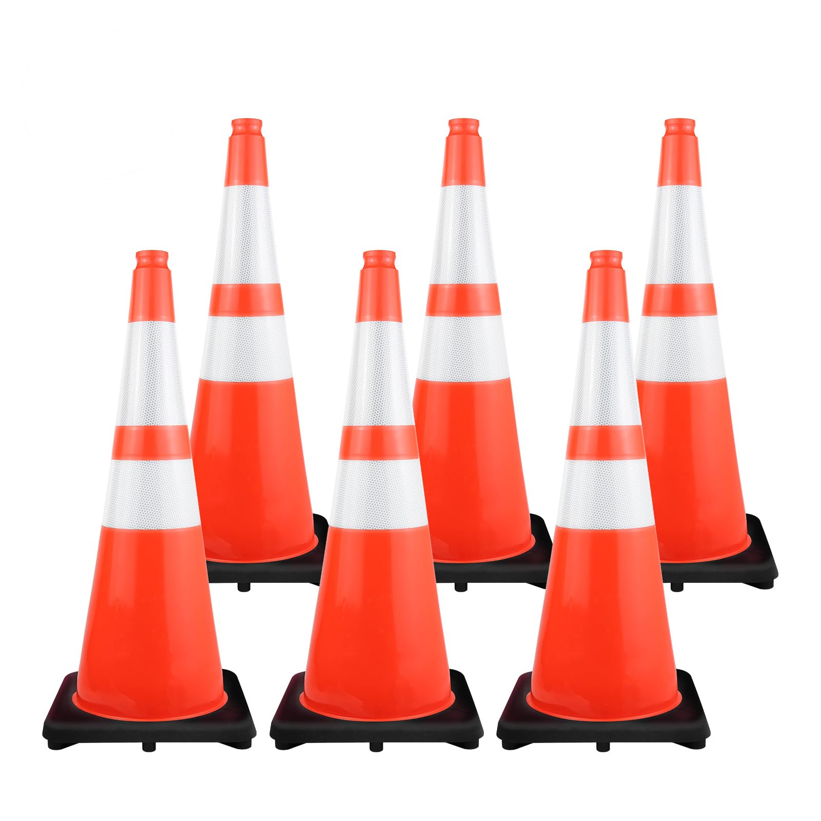 (Set of 6) CJ Safety Large 28 Inch Premium PVC Traffic Cones with Black Base & 6" + 4" Reflective Collars for Driving Parking Caution, Drivers Training construction at Road (6 Orange Cones)