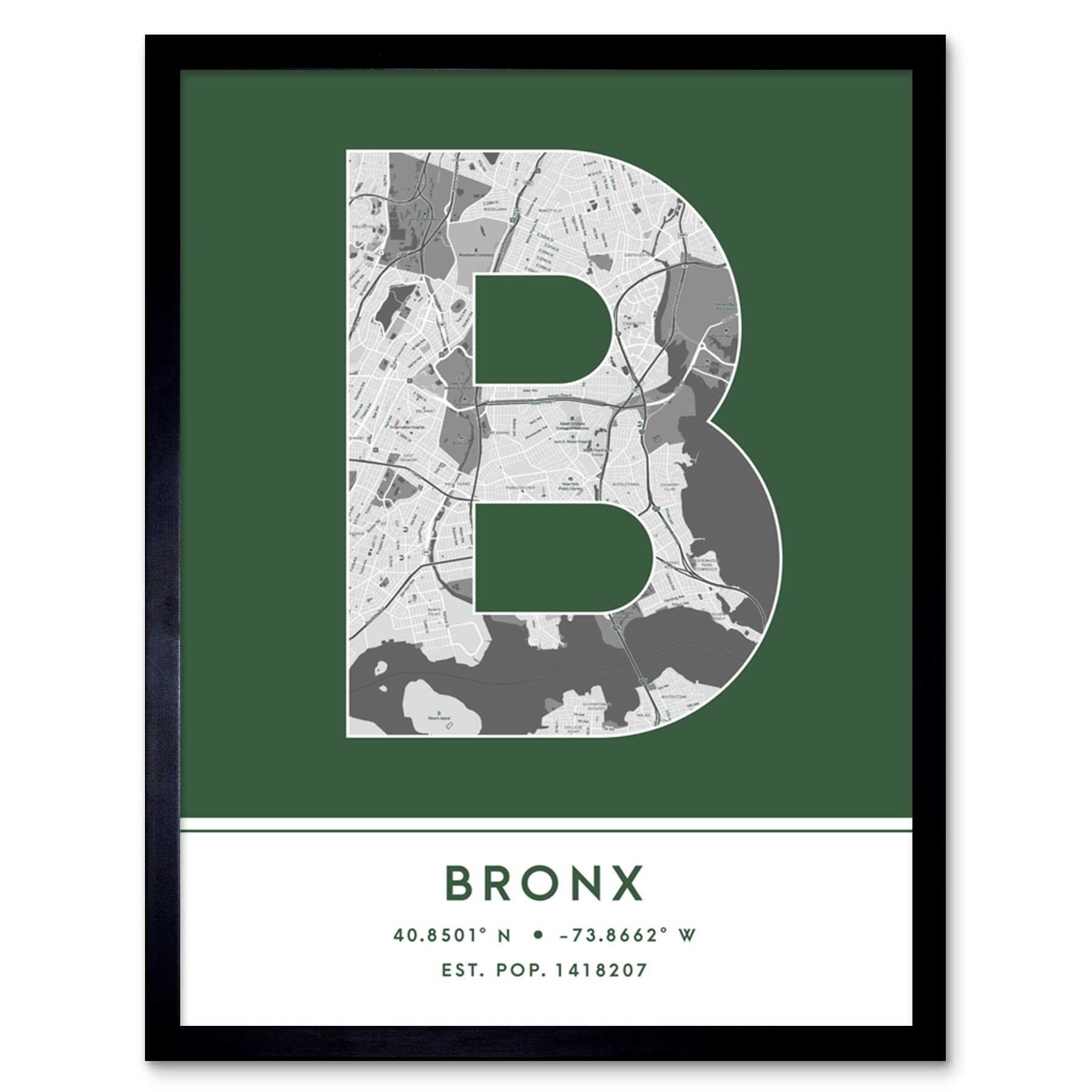 Wee Blue Coo The Bronx New York United States City Map Green Colour Block Modern Typography Stylish Letter Framed Word Wall Art Print Poster for Home Décor CITYMAP1
