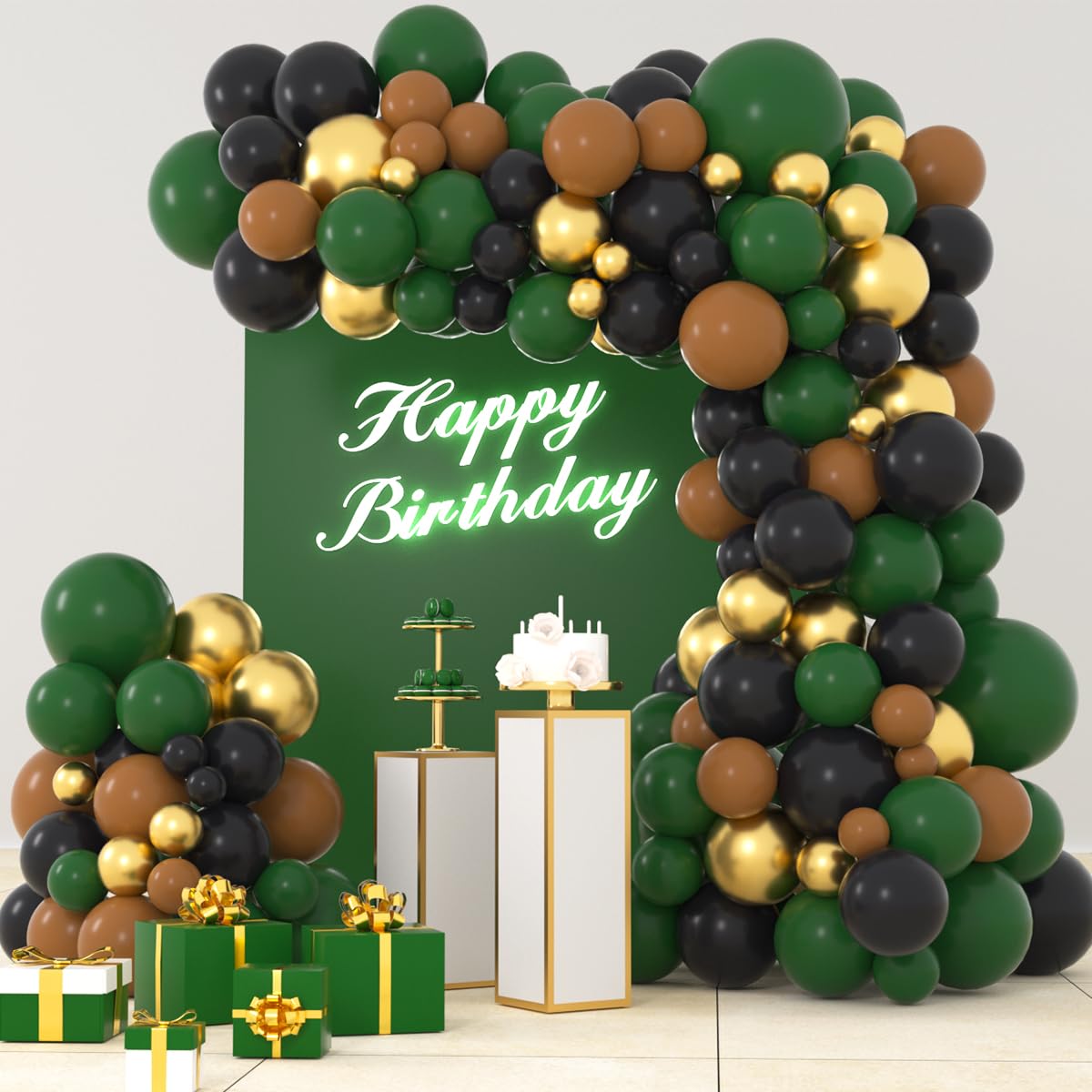 Dark Green Black Gold Balloon Arch Kit - Dark Green Gold Balloons Black Brown Balloon for Football Safari Jungle Wildland Camo Military Birthday Baby