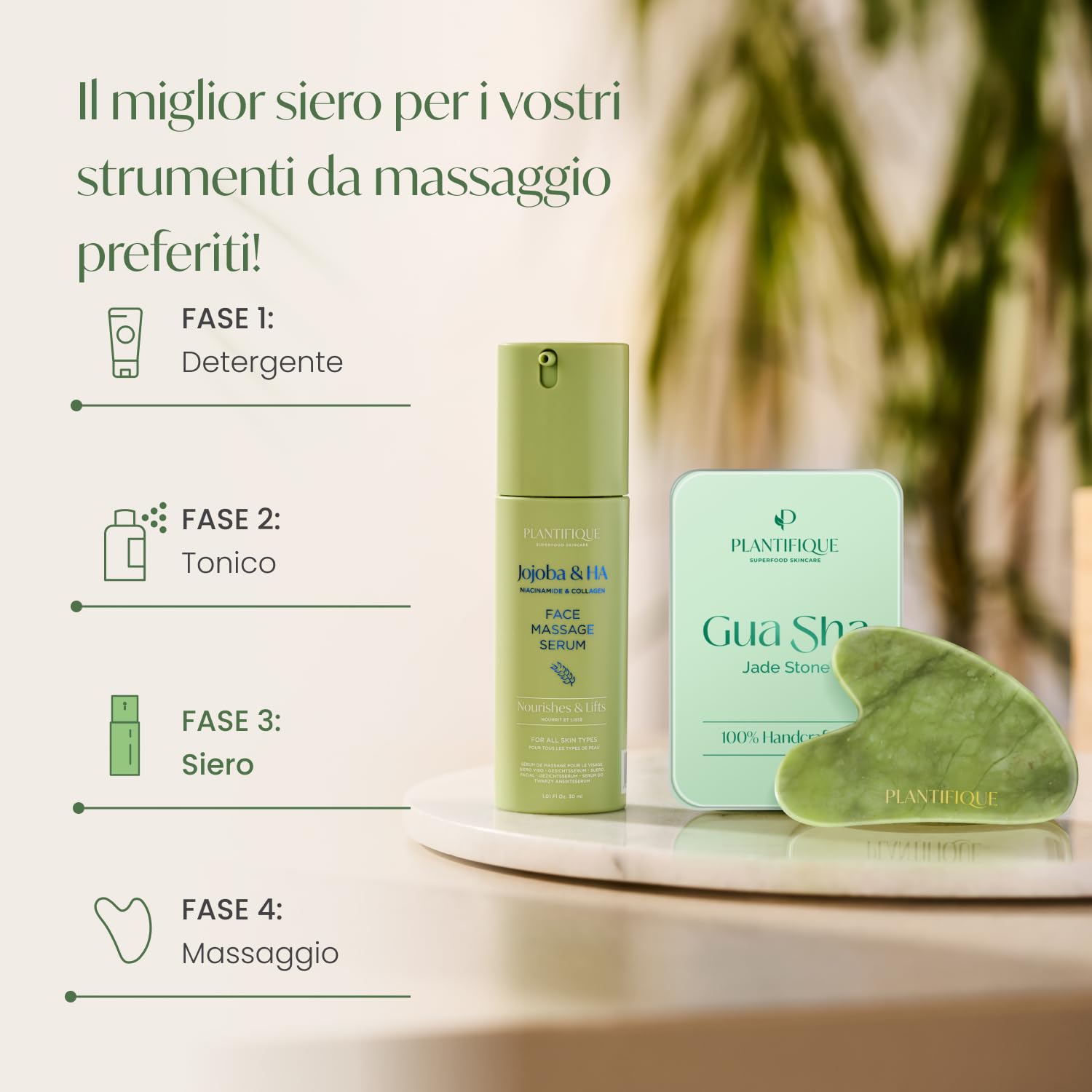 PLANTIFIQUE Siero Viso Jojoba Massage Bio Oil Acido Ialuronico, Niacinamide e Collagene | Prodotti Skincare Idratante Antirughe i Antimacchie Contorno Occhi | Olio Puro Massaggiatore per Gua Sha 30 ml