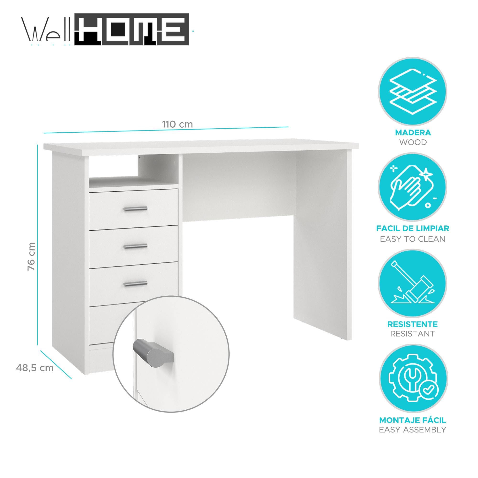 Escritorio Segre White Mesa de Estudio con 4 Cajones en Color Blanco 111 x 49 x76 cm