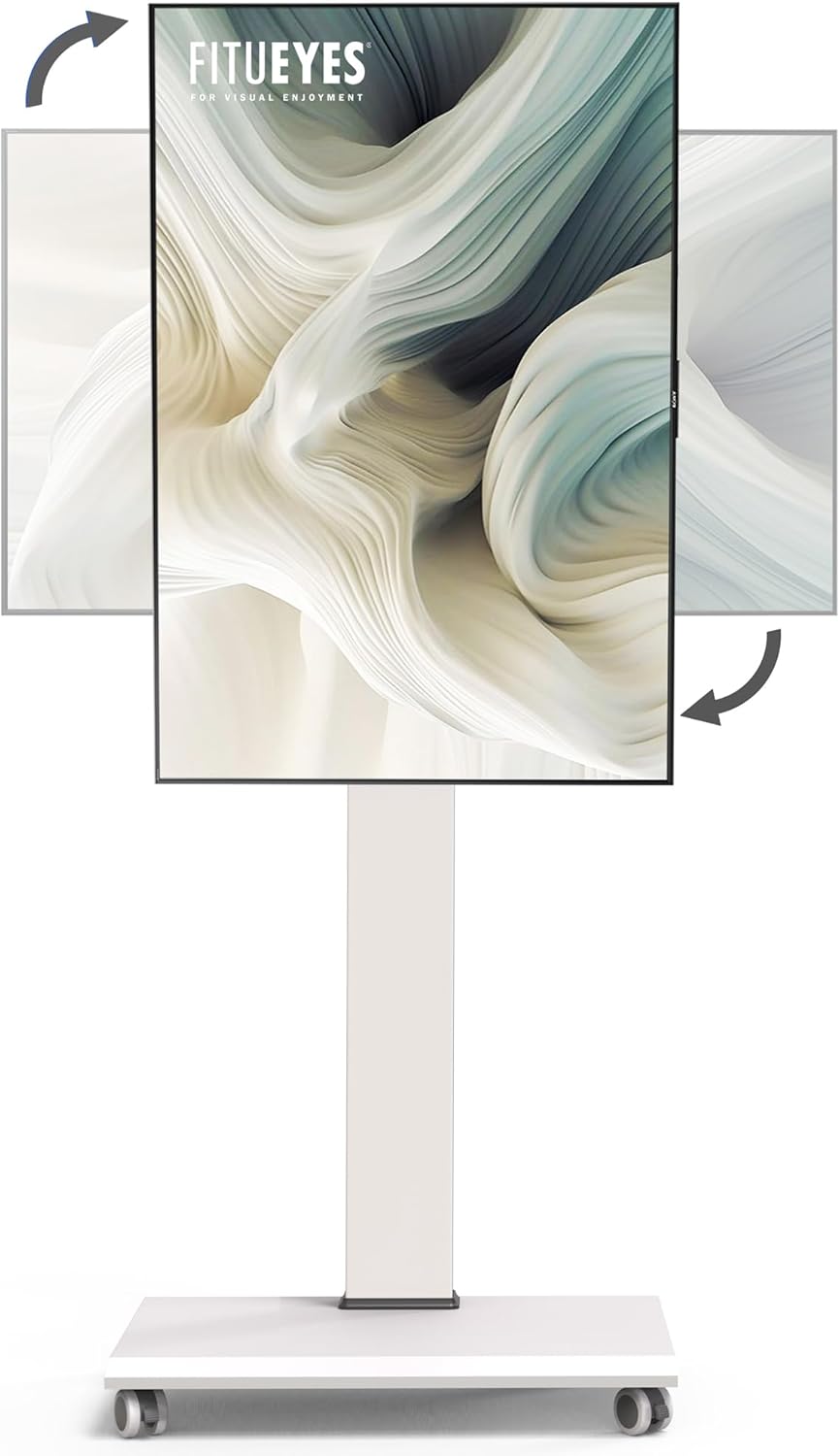 FITUEYES Rolling TV Stand - Portable Mobile TV Cart on Wheels for 32 to 65 70 75 Inch TVs, Landscape to Portrait Rotating and 40°Swivel, Height Adjustable TV Cart Rolling TV Stand Hold Up to 88 Lbs White Basic