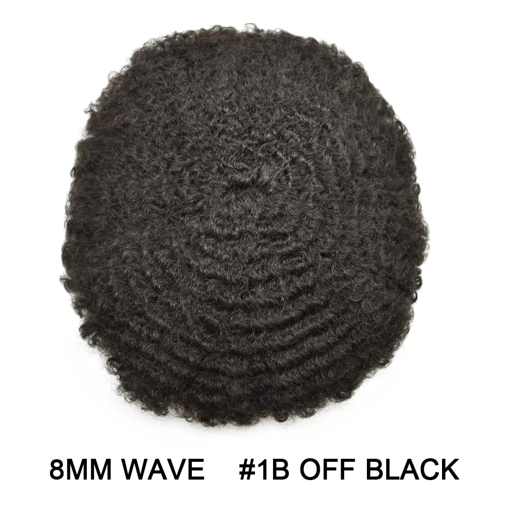 Hair Unit for Black Men Afro Toupee Curly Hair Replacement System Hair Piece African American Man Hairpiece (1B# Natural Black, 8MM Afro Wave)