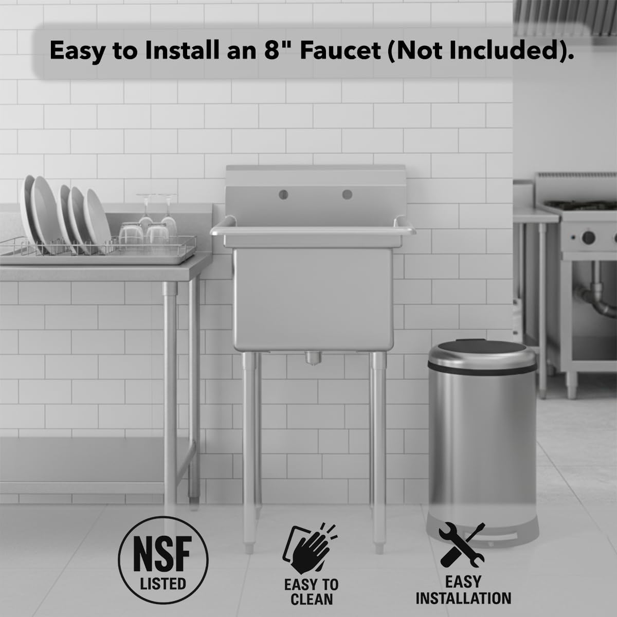 23.5" Commercial One Compartment Sink - 18-Gauge 304 Stainless Steel, 18"x18"x12" Bowl, Galvanized Legs, Adjustable Feet - Utility Prep & Wash Sink for Restaurant, Bar, Kitchen