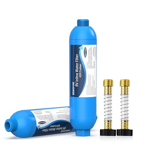 Filtro de agua en línea RV con protector de manguera flexible, certificado NSF 42372, reduce el cloro, el olor, el sabor, el óxido y el fluoruro en