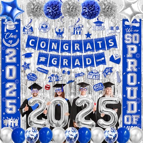 Image of Silver and Blue Graduation Decorations, Congrats Grad Banner, Photo Props, Balloons, Fringe Curtains, Class of 2025